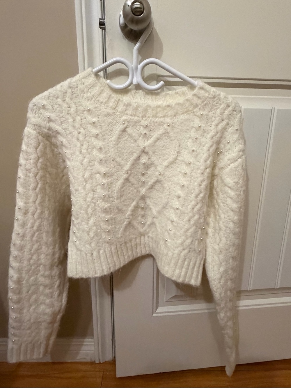Women's Cream Cable Knit Pearl-Accent Sweater